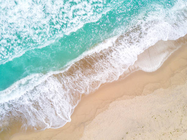 istock Aerial view of sandy beach and ocean with waves 822115430