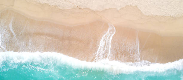 istock Aerial view of sandy beach and ocean with waves 822115546