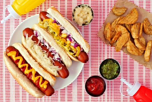 The Foot Long Ballpark Hotdog with, Ketchup, Mustard, Relish and Onions