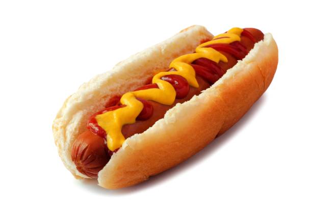istock Hot dog with mustard and ketchup isolated on white 822128748