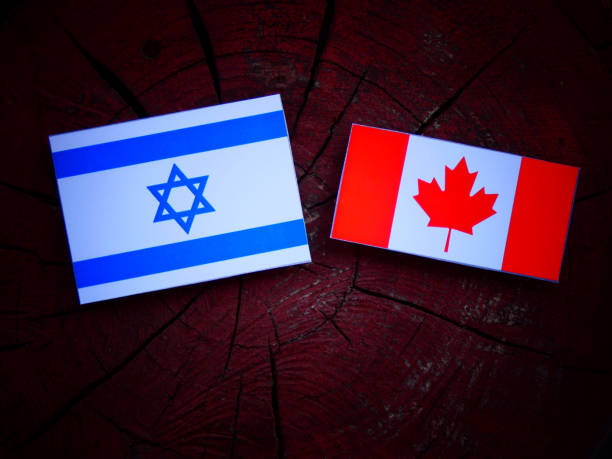 istock Israeli flag with Canadian flag on a tree stump isolated 822133624