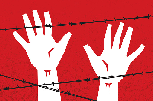 Vector illustration of hands reaching up behind barbed wire against a red background.