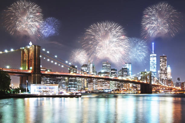 istock Night city with fireworks background 822135236
