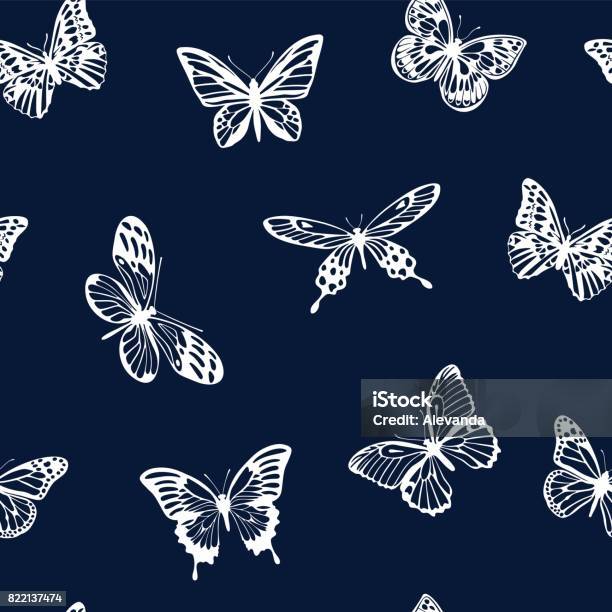 Pattern With White Silhouettes Of Butterflies On Blue Background Vector Stock Illustration - Download Image Now