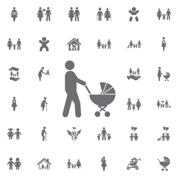 Father with baby carriage vector icon. Set of family icons Father with baby carriage vector icon on white background. Set of family icons baby carriage stock illustrations