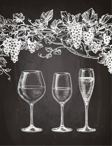 ilustrações de stock, clip art, desenhos animados e ícones de wineglasses and grape vine on chalkboard - berry vine