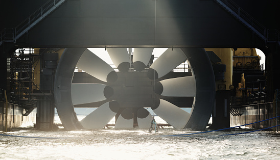 Newly constructed tidal power generating turbine mounted on a test platform.