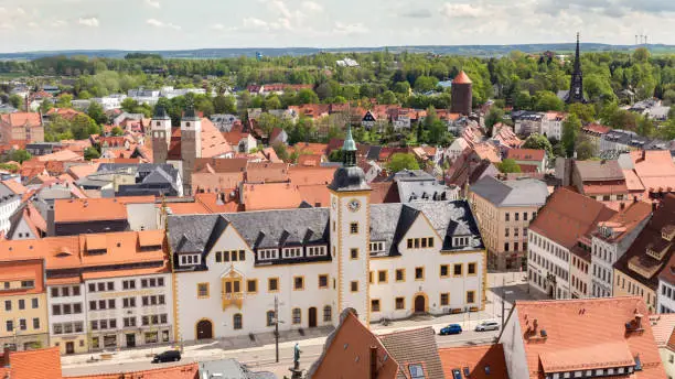 Freiberg, upper market place with city hall, seen from the tower of the St. Peter church