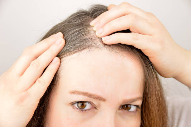 Young woman shows her gray hair Pretty woman is checking white hair while looking at the mirror gray hair young woman stock pictures, royalty-free photos & images