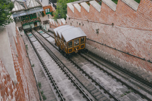 Vintage cable car in Budapest, Hungary. The Budapest Vintage cable car was built in 1870. During the Second World War, it was severely damaged, and in the next five years all the remaining details were pulled apart. The funicular was restored and began to function again only in 1986.