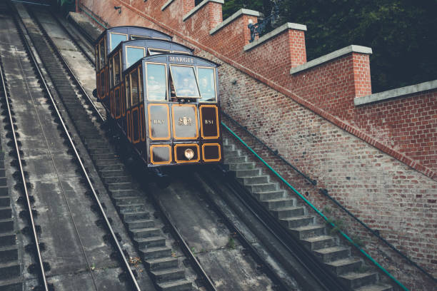 Vintage cable car in Budapest, Hungary. The Budapest Vintage cable car was built in 1870. During the Second World War, it was severely damaged, and in the next five years all the remaining details were pulled apart. The funicular was restored and began to function again only in 1986.
