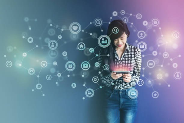 istock Communication Technology on daily life via Smart Phone Concept, Social media or Network system present over Soft focus of Happy Smiley face Woman standing and enjoying with them in Colorful filter 822197392