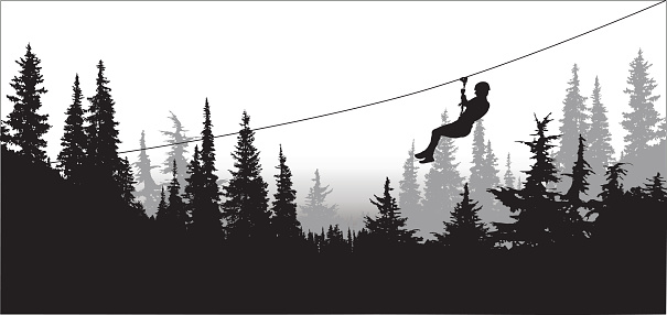 Zipline silhouette illustration with someone going down the cable over a forest
