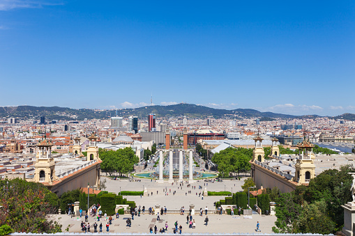 BARCELONA, SPAIN - APRIL 20: View of Placa De Espanya( Square of Spain) in Barcelona, Spain 20 Aplril 2017. Famous tourist destination and business cultural center. Bright sunny day