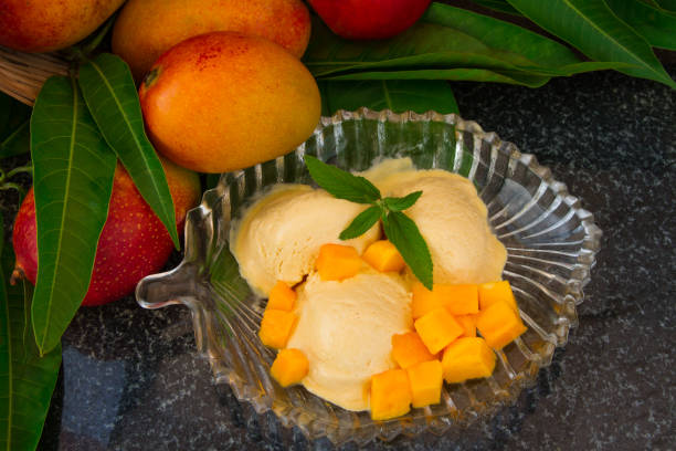 istock Mango ice cream with fresh mango slices with leaves mint on a glass plate. 822218142