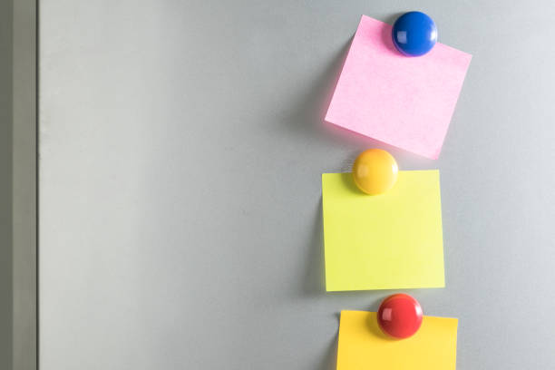 istock blank Sticky  note and magnet on refrigerator , three paper sheet background. 822221990