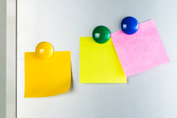 istock blank Sticky  note and magnet on refrigerator , three paper sheet background. 822222094