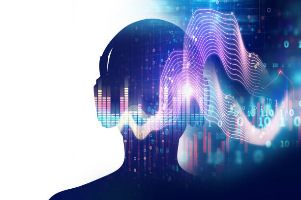 istock 3d illustration of human with headphone on Audio waveform 822245882