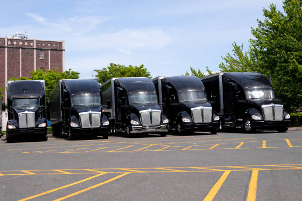 istock Black modern semi trucks on parking lot in row 822249638