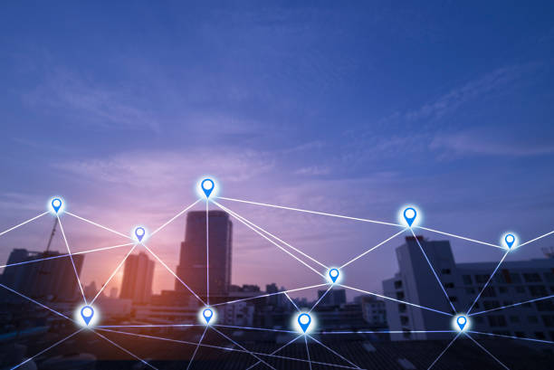 istock Map pin flat above blue tone city scape and network connection concept 822278392