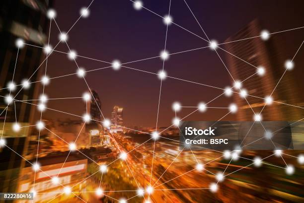 Modern Cityscape And Wireless Sensor Network Stock Photo - Download Image Now - City, Data Mining, Abstract