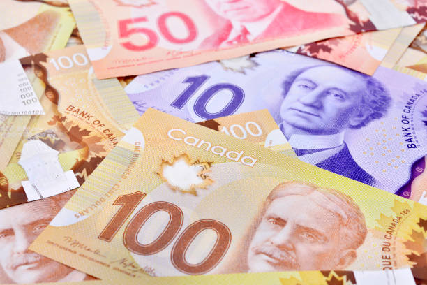istock Close up of Canadian banknotes (CAD) background 822290460