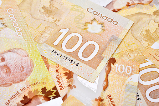 Close up of one hundred dollar bills ,Canadian banknotes (CAD) background