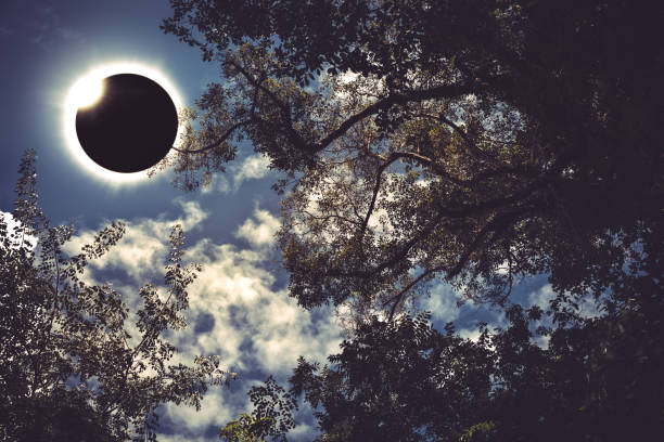 scientific natural phenomenon. total solar eclipse with diamond ring. - eclipse imagens e fotografias de stock