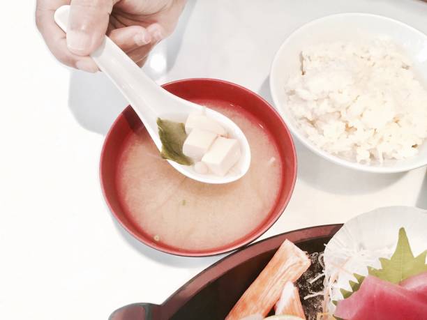 istock Fresh Miso Soup with Japanese Cooked Rice and Sashimi 822297298