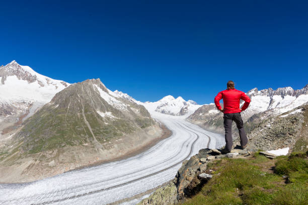 путешественник перед алешглечером - aletsch glacier european alps mountain range eiger стоковые фото и изображения