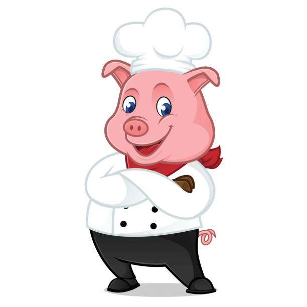 ilustrações de stock, clip art, desenhos animados e ícones de chef pig cartoon mascot folding hands - pig pork meat barbecue