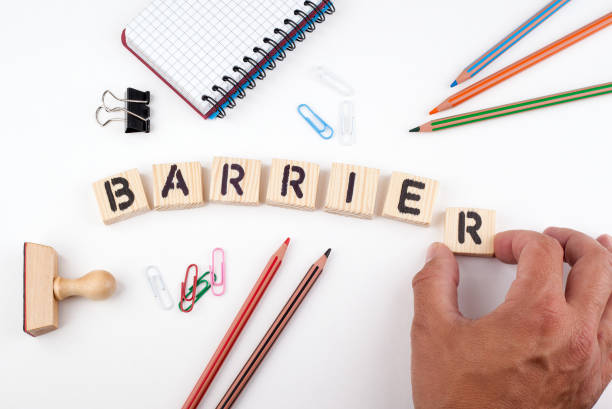 istock Barrier concept. Wooden letters on a white background 822322614