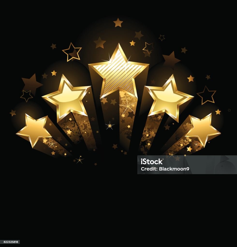 five gold stars Five shining stars of gold foil on a black background. Gold - Metal stock vector