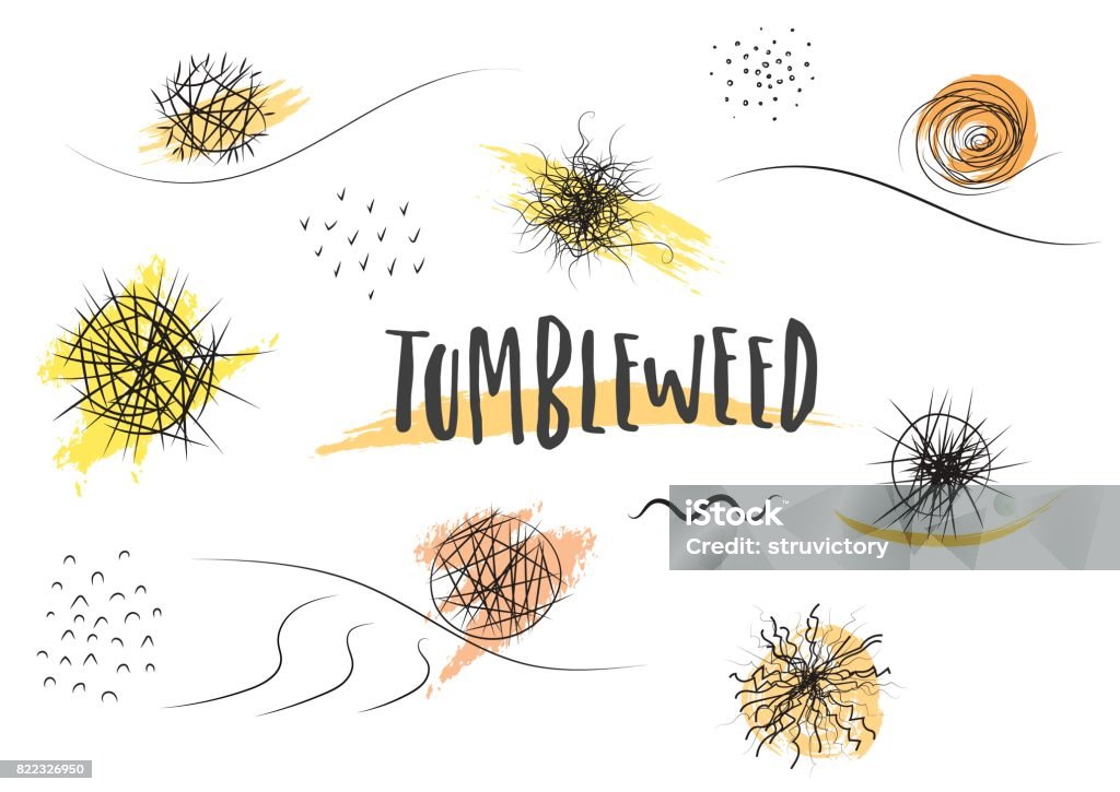Vector set of hand-drawn black tumbleweed silhouettes of different types and sizes. Tumbleweed stock vector