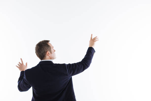 istock Excited precise gentleman holding his hands up 822330468