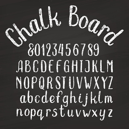 Hand drawn chalk board alphabet font. Upper and lower case letters and numbers on a distressed background. Retro vector typeface for your design.