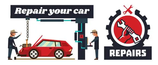 Vector illustration of Horizontal banner template on car repairs. icon, hand holding a wrench. Auto mechanic removed engine. Capital repair of the motor. Special equipment. Red car. Vector illustration.