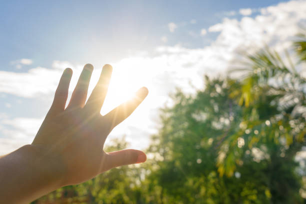 istock Sun blind with hand in hot summer - heat concept. 822361786