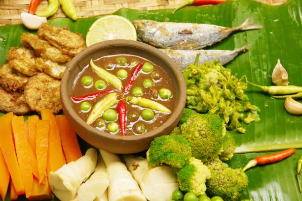 istock Shrimp paste sauce and vegetables set , Thai food, 822366414