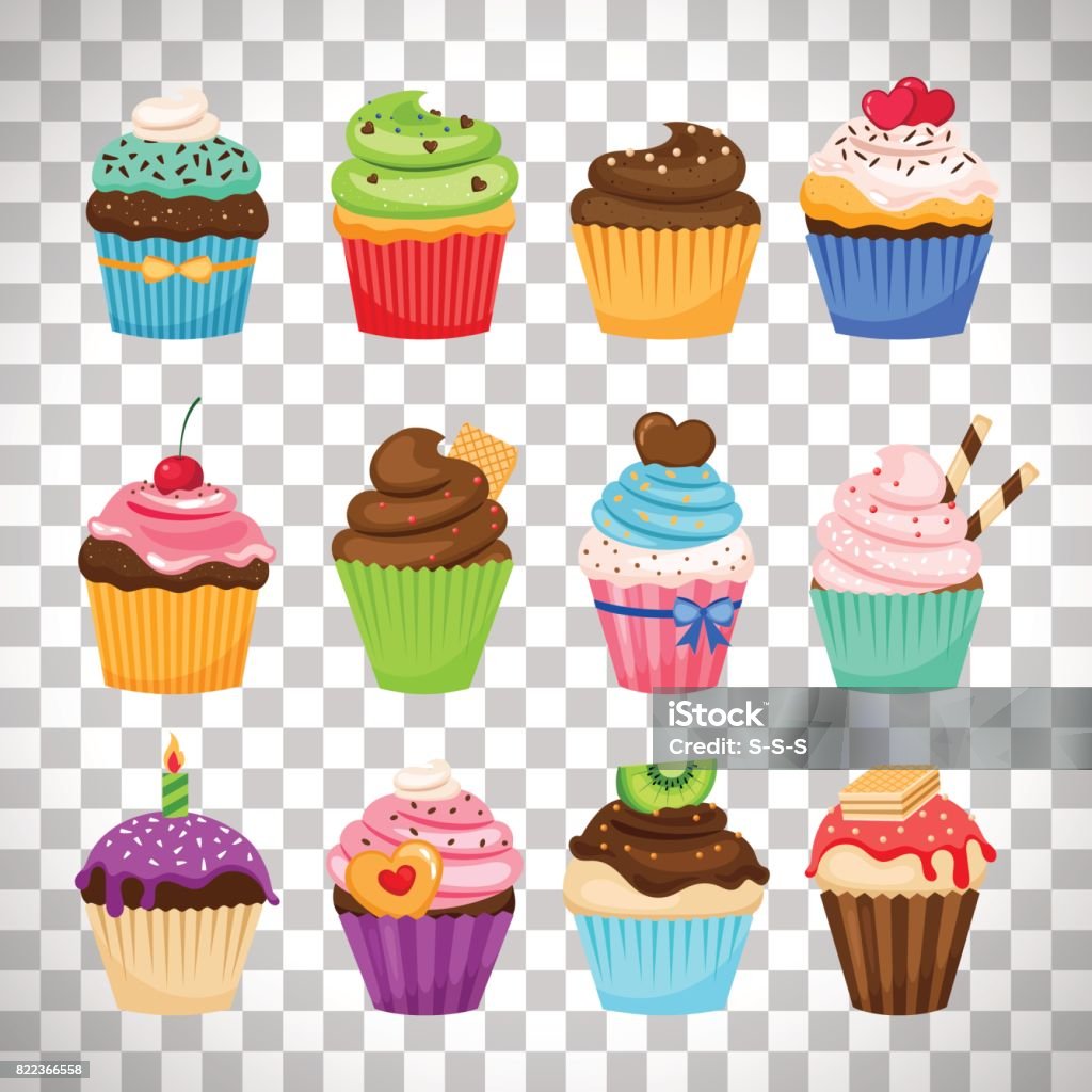 Delicious cupcakes set on transparent background Delicious cupcakes and vector sprinkles muffin set isolated on transparent background Cupcake stock vector