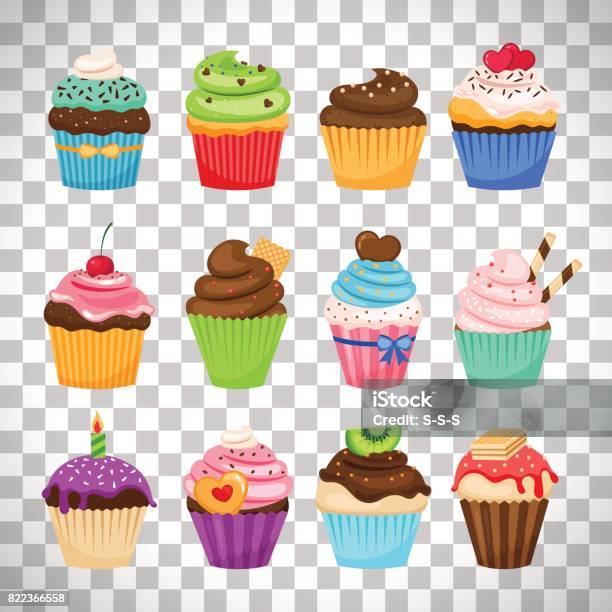 Delicious Cupcakes Set On Transparent Background Stock Illustration - Download Image Now - Cupcake, Vector, Cartoon