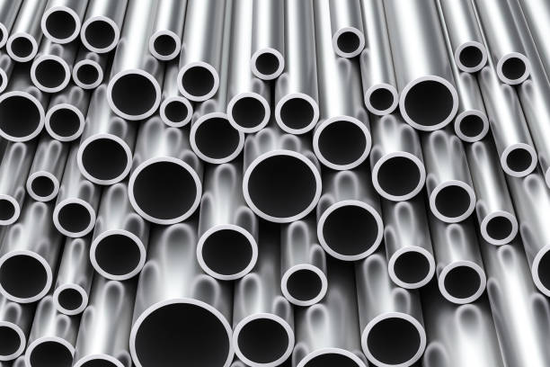 istock steel pipes background closeup, 3D rendering 822376912