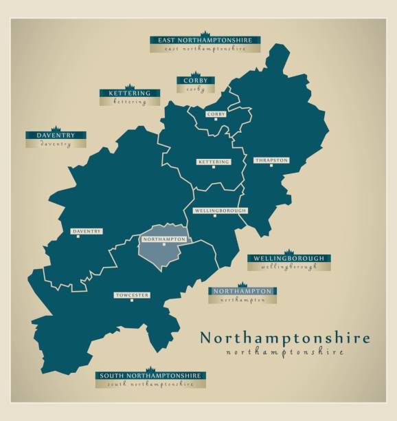 ilustraciones, imágenes clip art, dibujos animados e iconos de stock de mapa moderno - el condado de northamptonshire con distrito etiquetas ilustración inglaterra reino unido - east midlands illustrations