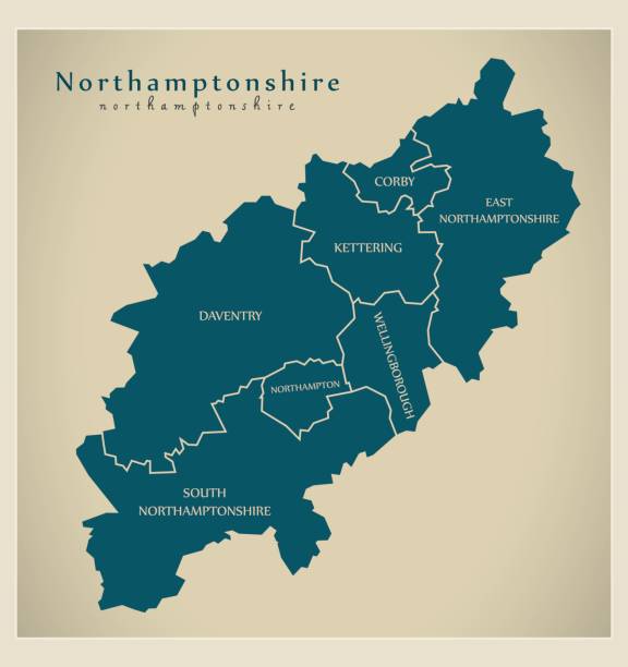 ilustraciones, imágenes clip art, dibujos animados e iconos de stock de mapa moderno - el condado de northamptonshire con ilustración de reino unido inglaterra distrito títulos - east midlands illustrations