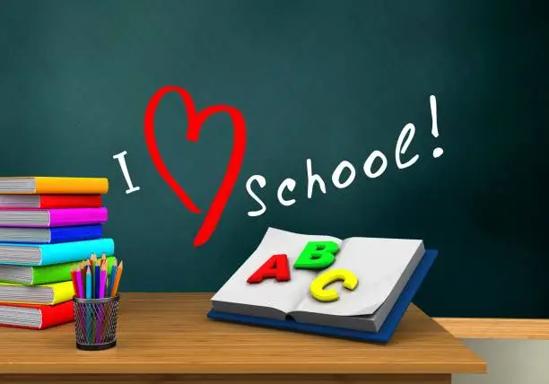 3d illustration of schoolboard with love school text and opened textbook