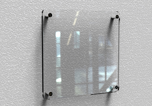 Blank transparent glass Interior Office Corporate Signage plate mock up. Office name plate mock up on the wall. Signage panel, store door template. Clear printing board for branding.