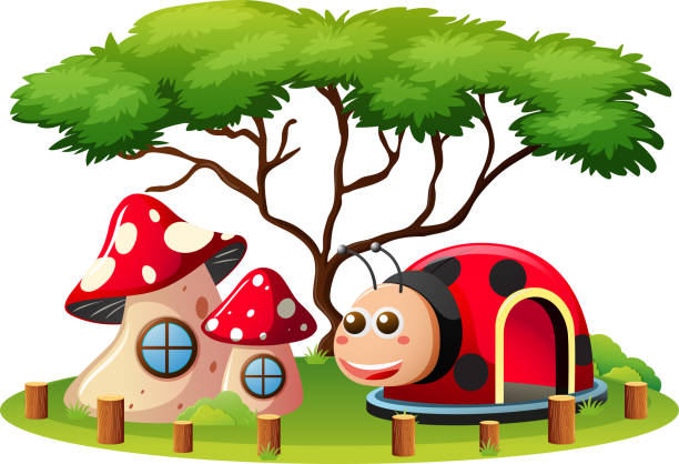istock Scene with mushroom house and ladybug cave in playground 822403540