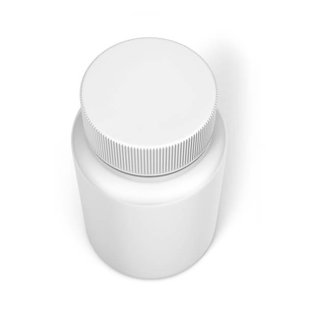 bottiglia white capsule in plastica bianca su sfondo bianco con cappuccio di vitamine, pillole o capsule. modello di modello di illustrazione 3d. - plastic hole heap close up foto e immagini stock