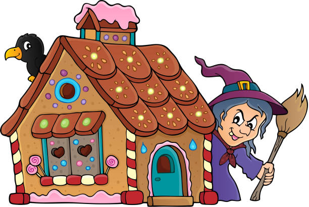 ilustrações, clipart, desenhos animados e ícones de imagem de tema de casa de gengibre 2 - fairy tale house witch candy