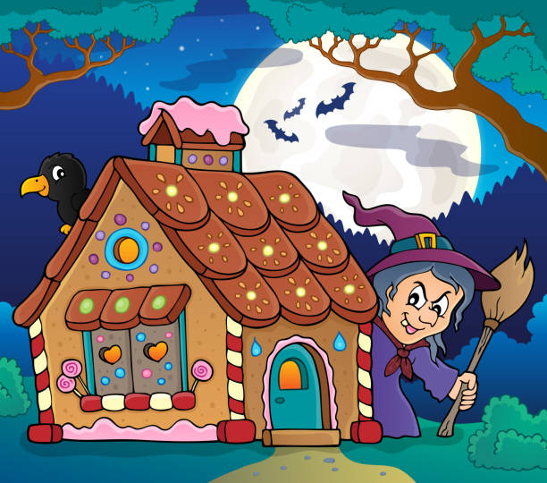 ilustrações, clipart, desenhos animados e ícones de imagem de tema de casa de gengibre 4 - fairy tale house witch candy